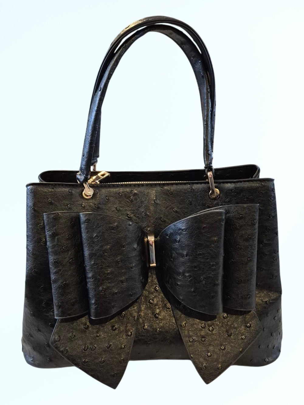 Grossi Black Vegan Leather Handbag With Oversized Double Layered Bow